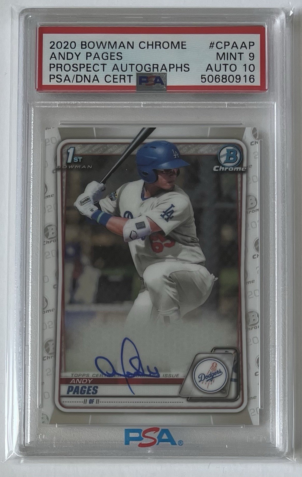 Andy Pages Dodgers 2020 Bowman Chrome Auto Autograph Rookie RC - PSA 9 Auto 10