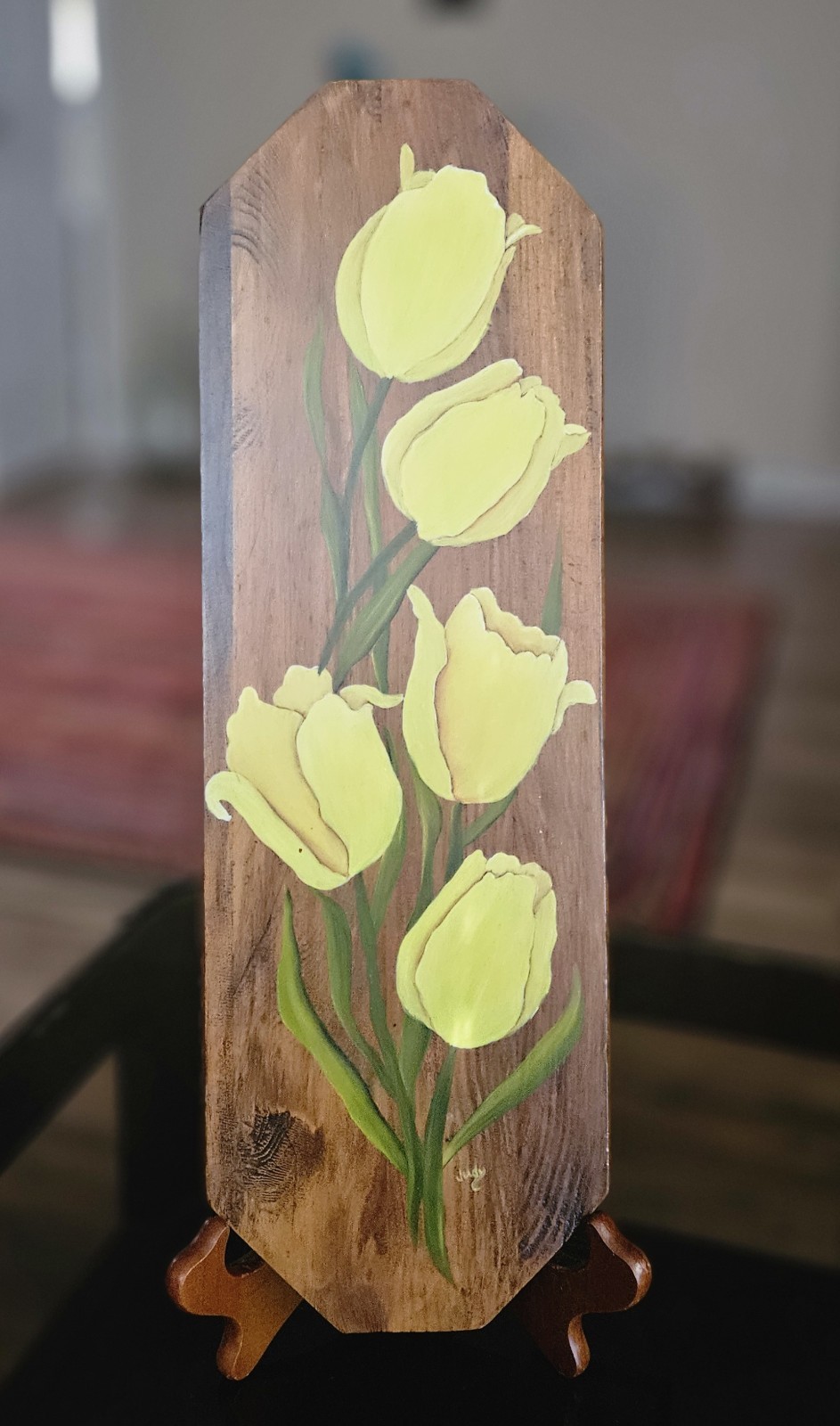 Hand Painted Wall Plaque Wood With Tulips Vintage Signed 16.5 X 5.5