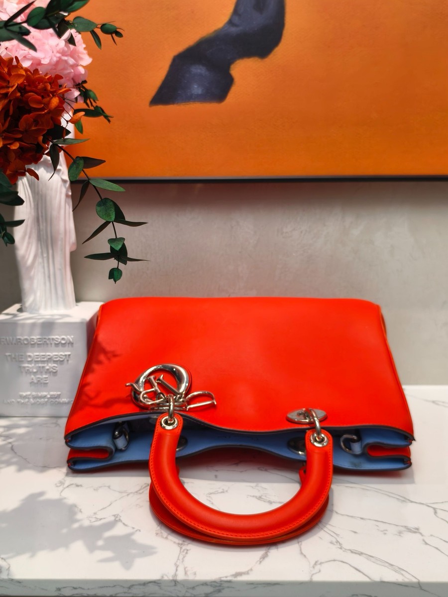 Dior Lady Dior Large Orange Lambskin Cannage Top Handle Crossbody