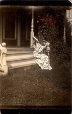 Woman on Porch RPPC Postcard 1910s Floral Dress AZO Blank Unused Puffed Sleeves