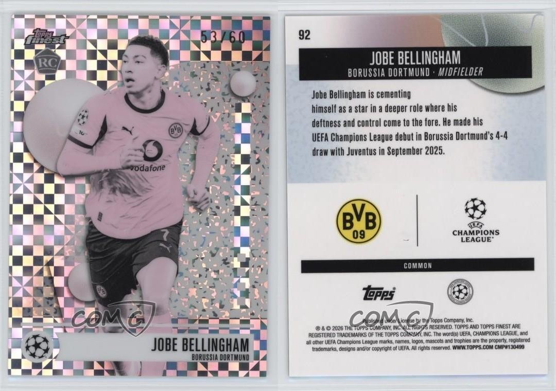 2025 Topps Finest UEFA Common Pearl Checkerboard 53/60 Jobe Bellingham Rookie RC view 3