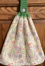 Double hanging kitchen towel garden multicolored flowers crocheted green top