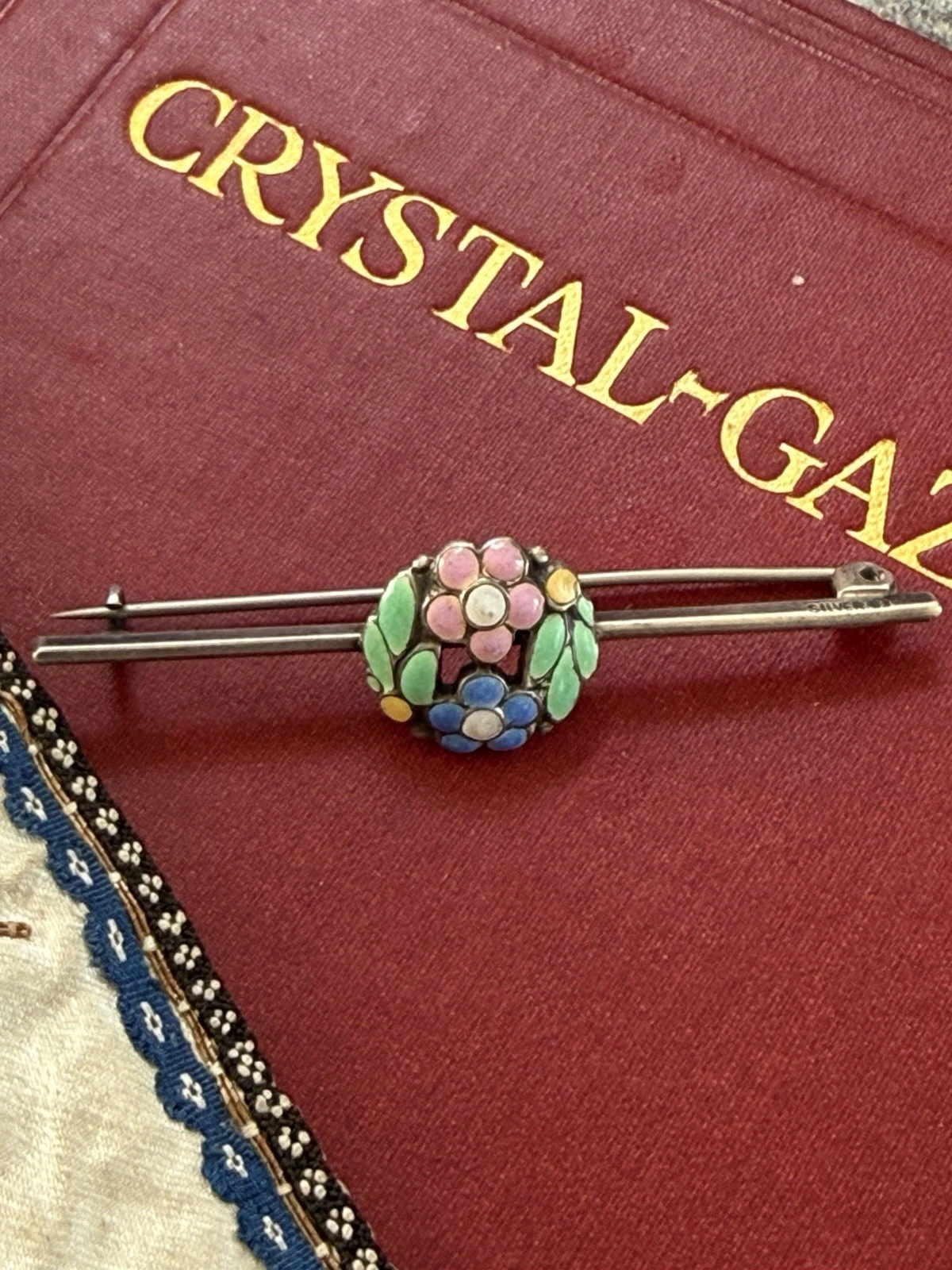 Antique Brooch Bernard Instone Enamel Flower Bar Brooch Pin