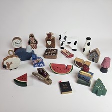 Vintage Lot Of 19 Mini Wooden Figurines Hand Painted Dollhouse Cottage Folk Art