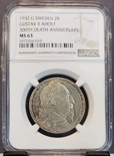 1932 SWEDEN SILVER 2 KRONOR GUSTAV II DEATH ANNIVERSARY NGC MS 63 NICE COIN