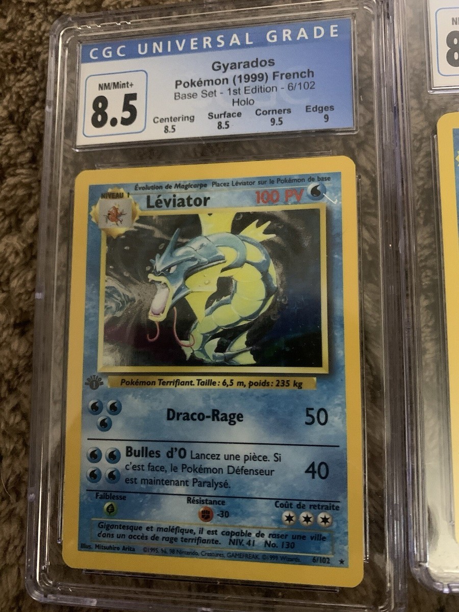 1999 gyarados pokemon card value 1999 POKEMON BASE SET 1ST EDITION #6 GYARADOS (LEVIATOR) - HOLO CGC 8.5  French