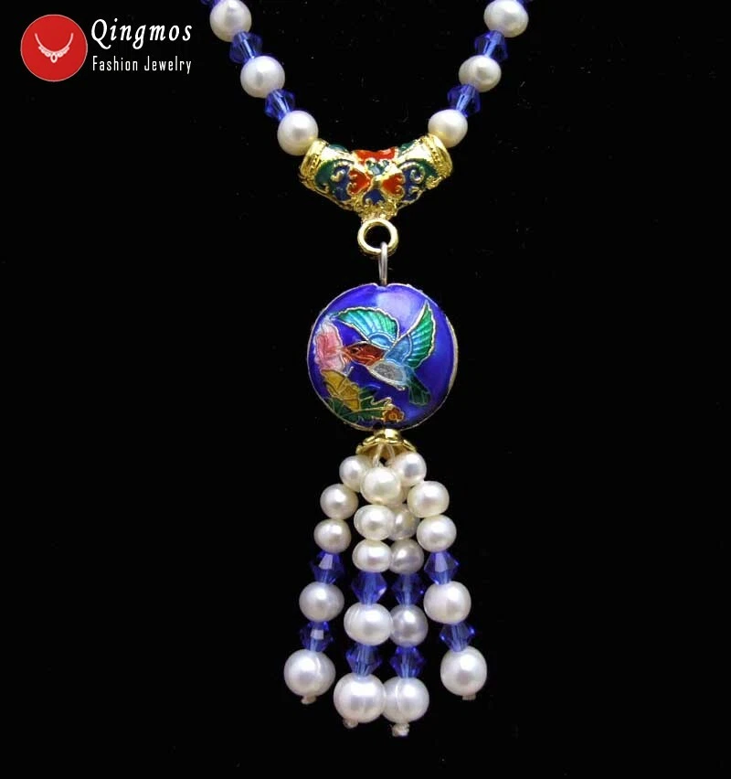 5-6mm Round White Pearl Pendant Necklace for Women Blue Cloisonne 18'' Chokers - Imagem 4 de 4