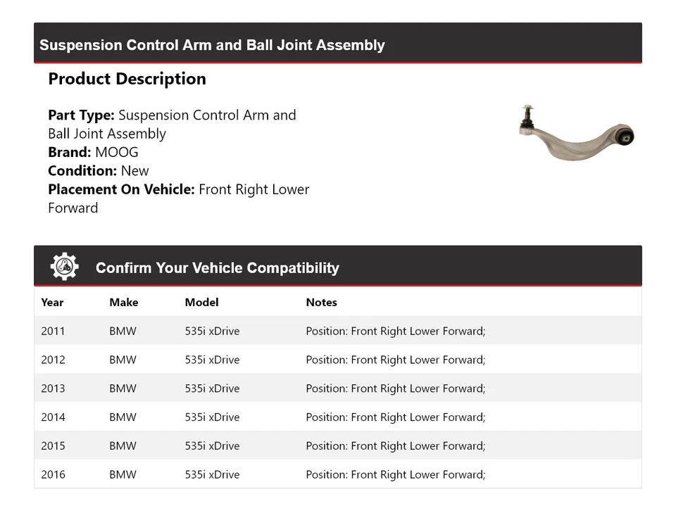 Para 2011-2016 BMW 535i xDrive braço de controle dianteiro direito inferior dianteiro MOOG 2011 - Imagem 2 de 4