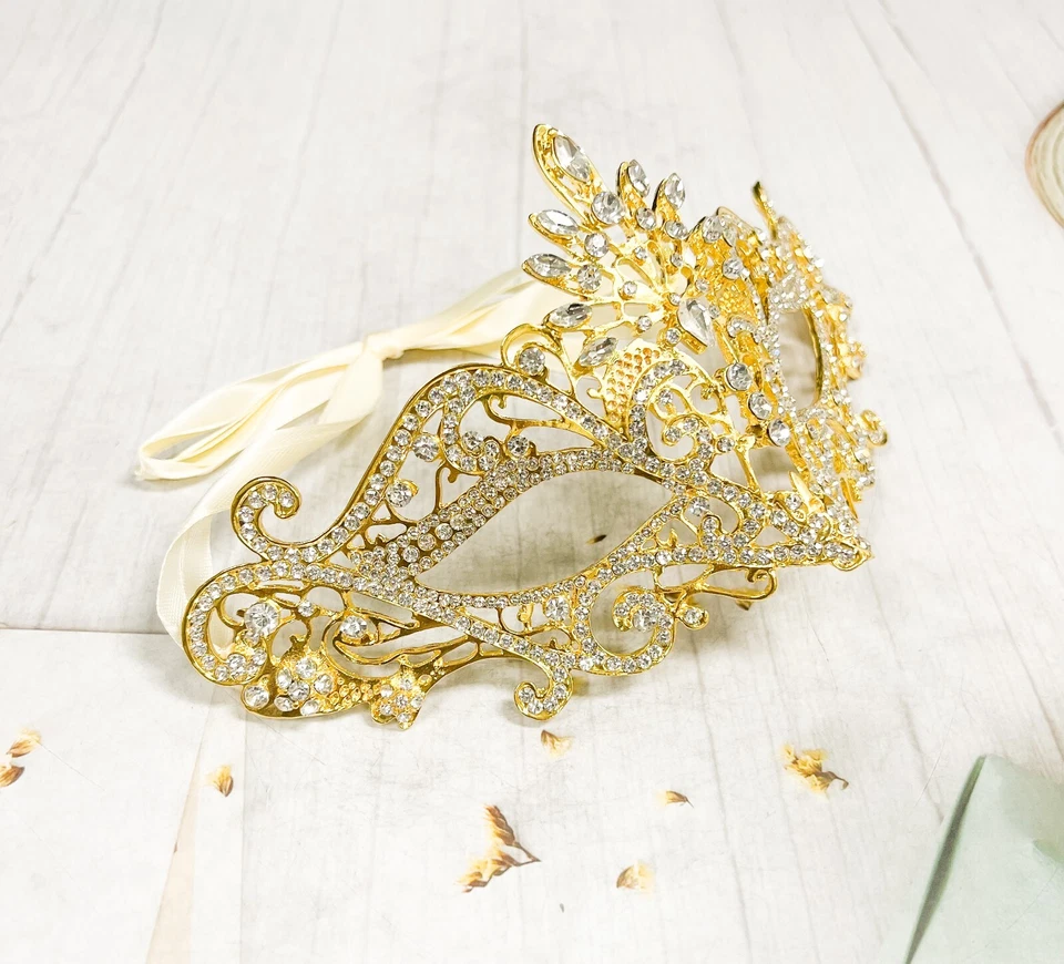 14K Gold Masquerade Mask, Wedding Party Mask, Crystal Eye Mask, Venetian Mask - Image 4 of 4