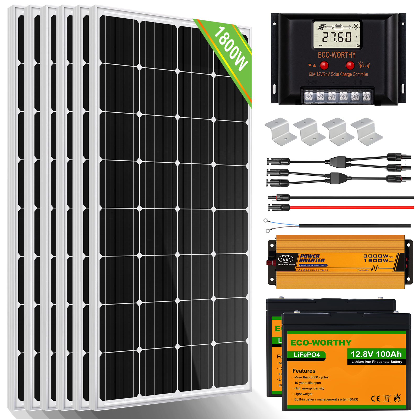 100 Watt 12V Solar Panels Kit + 30A Charge Controller + 1500W Power  Inverter for Off-Grid 12 Volt Battery System