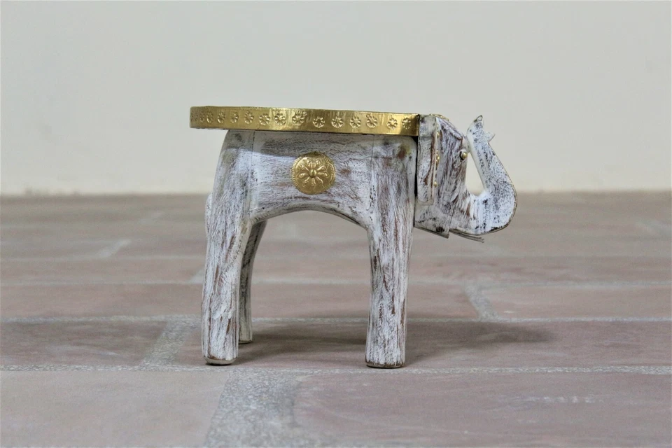 Small Rustic Wooden Elephant Stool with Brass Accents | Handmade Home Decor  - Image 2 of 4