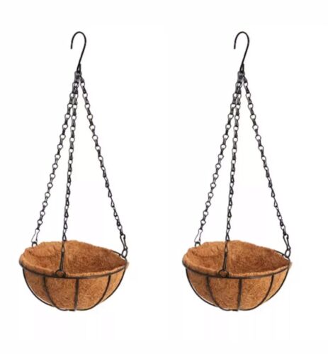 2-X Hanging Basket Planters w/ Hooks, Chains & Coco Liners 10” Metal Reusable