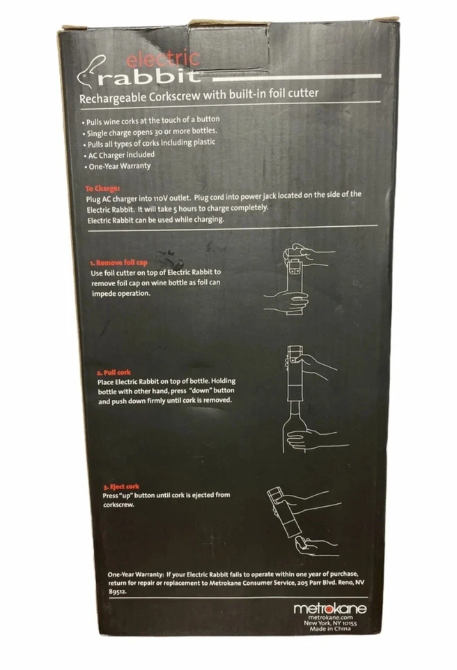 Metrokane Electric Rabbit перезаряжаемый штопор черный встроенный резак для фольги - Изображение 3 из 4