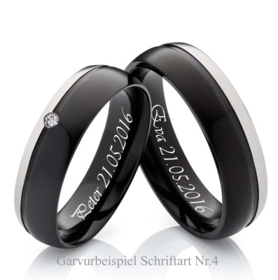 2 Eheringe Verlobungsringe aus Titan schwarz mit Zirkonia und Lasergravur H116