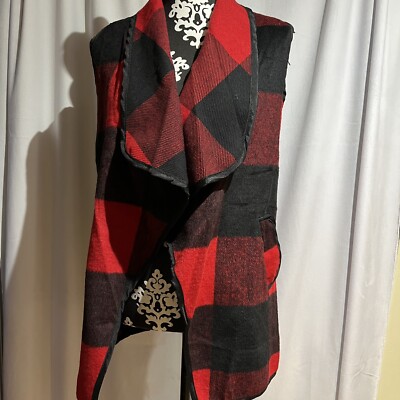 Women Vest Lapel Open Front Buffalo Plaid Sleeveless Cardigan Jacket / Pocket