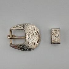 Vintage Mexico Silver Overlaid Western Belt Buckle Set 2 Piece Engraved