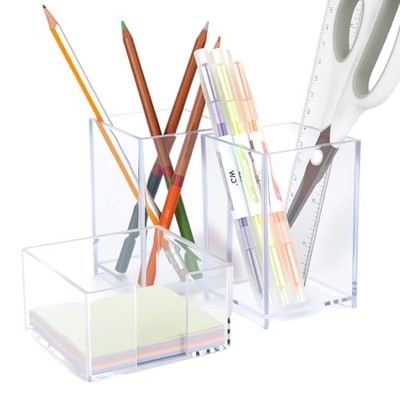 3 Pcs Acrylic Pen Holder and Sticky Note Holder,Clear Desk Organizer,Desk 