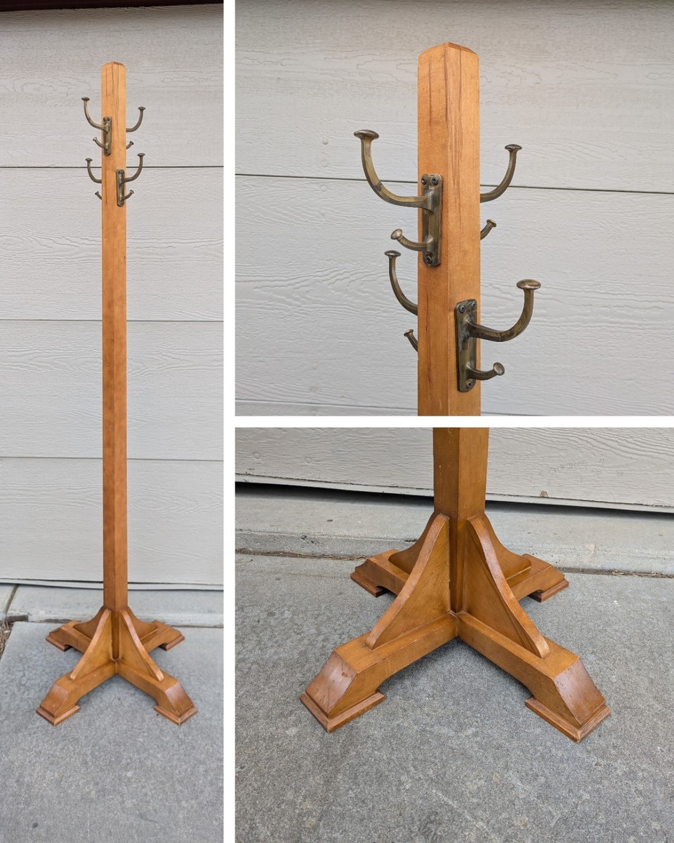 90's «Coat hanger » vintage デザイナーズ Vintage Industrial Mid Century Modern Maple Coat Rack Brass Hooks