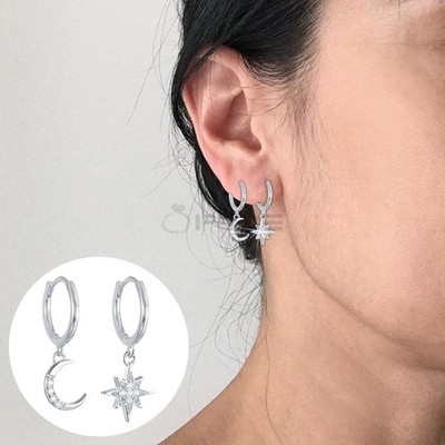 Damen Mädchen Kristall glatt 925 Sterling Silber Stern  Mond Huggie Creolen