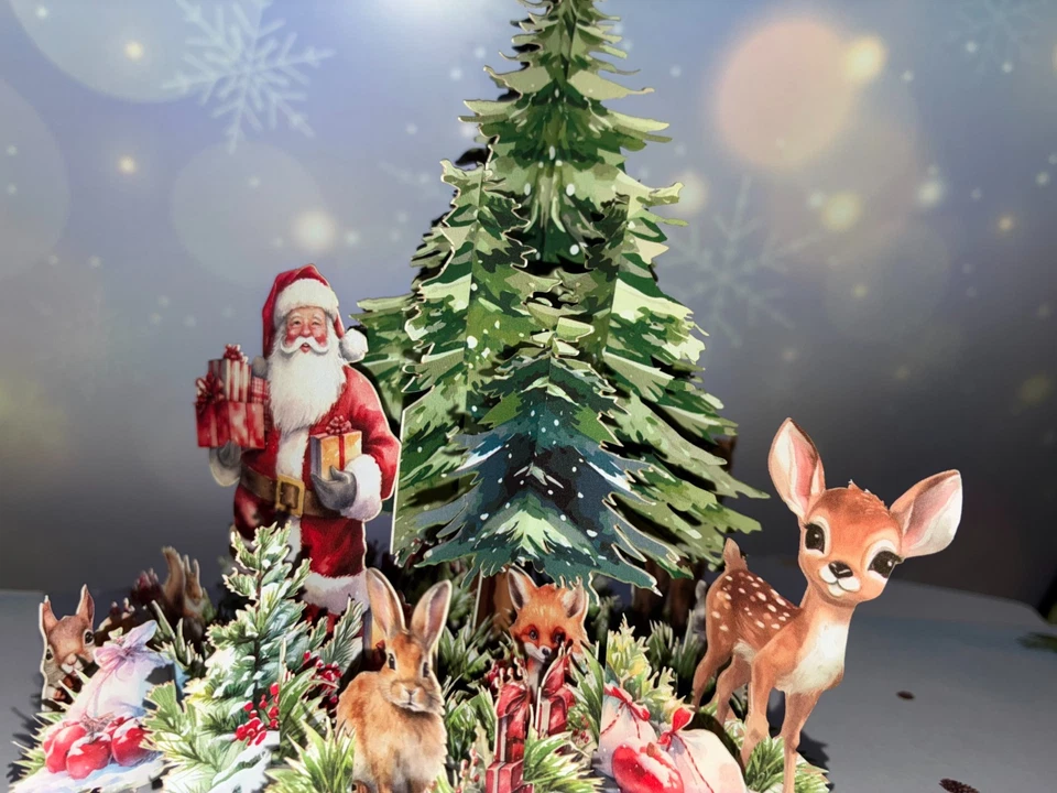 Super Cute 3D Pop Up Christmas Woodland Card with Santa Animals Tree - Image 2 of 4