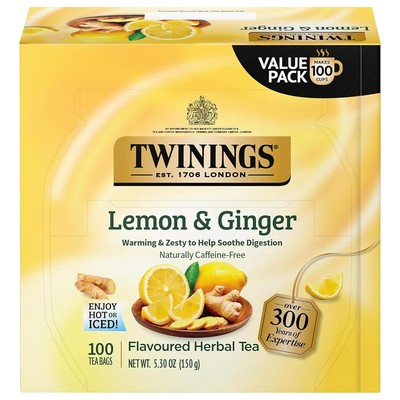 Twinings Lemon & Ginger Herbal Tea Individually Wrapped 100 Count (Pack of 1) 