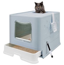 Extra Large Hooded Enclosed Cat Litter Box Drawer Scoop Brush Two-Way Entry Blue