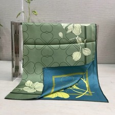 26"X26"Green Art Print Pure Mulberry Twill Silk16momme Double-sided Scarf65x65cm