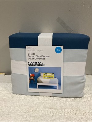 Room Essentials  King 3 Piece Cotton Blend Sateen Duvet Cover Set Blue 
