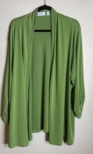 Susan Graver Size 3X Liquid Knit Green Open Front Cardigan Slinky Career Preppy