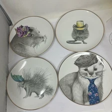 Eric & Eloise By Accent Set 4 Plates Seal Hedgehog Mouse Cat 8”