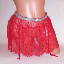 Victoria Secret Lingerie Garter Belt Skirted Shine Strap Red Lace Bling Rhinesto