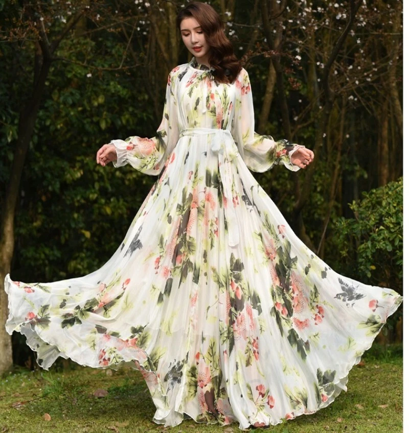 2023 Summer Chiffon Flower Print V Neck Fashion Holiday Travel Maxi Dress  Boho Robe Muslim Woman abaya Long Dress Eid Ramadan - AliExpress