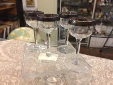 Vintage Antique Glass  Set Of Four Sterling Rim Cordial Sherry Glasses Cocktails
