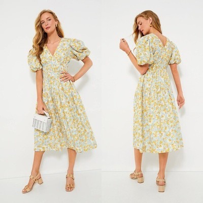 HYACINTH HOUSE Blue and Orange Floral Puff Sleeve Pauline Midi Dress NEW