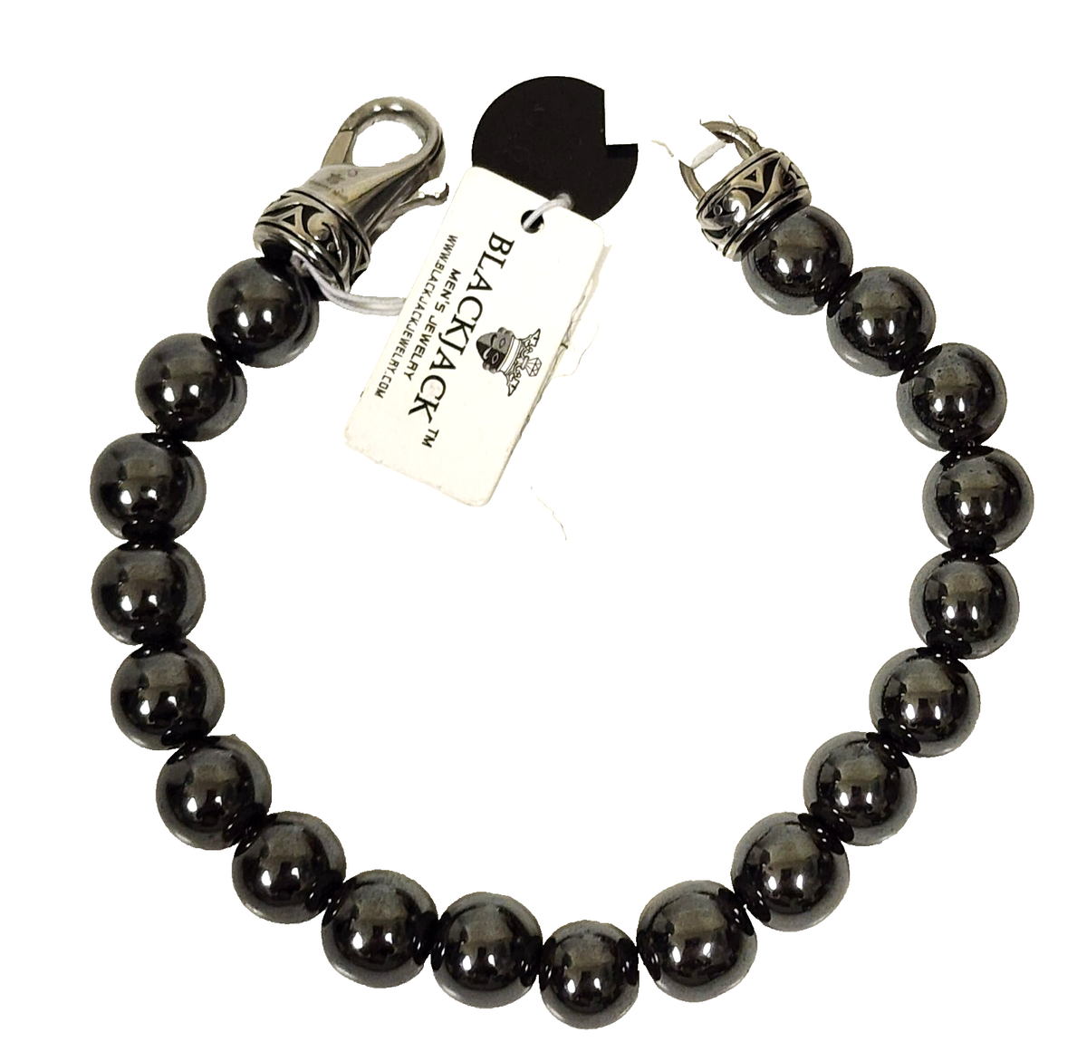 BLACKJACK SILVER TONE,BEADED GENUINE ROUND HEMATITE STONE BRACELET