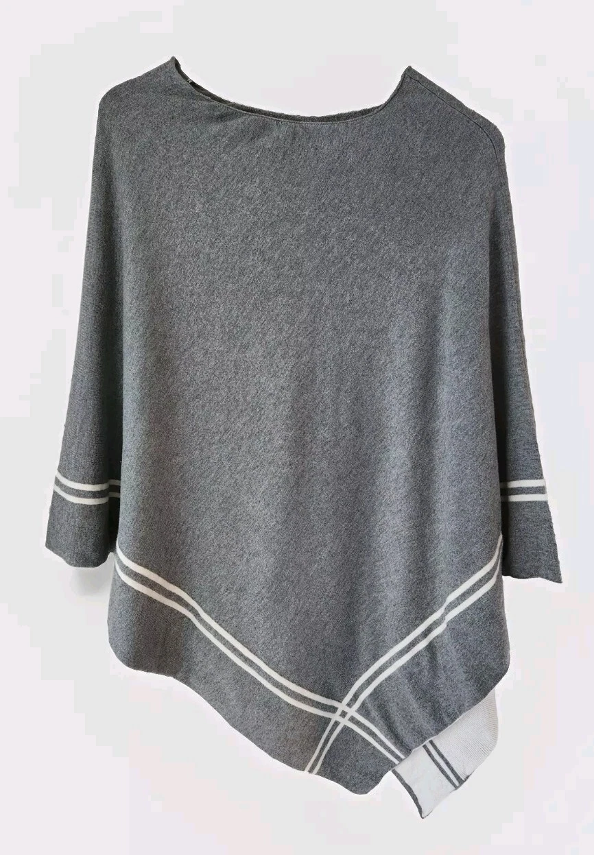 Top It Off Poncho Topper One Size Gray White Lightweight Tight Knit Sweater