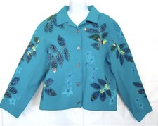 VTG 90  s Chico's Design Women  s Turquoise 100 Cotton Silk Appliqu s Jacket 2 /L