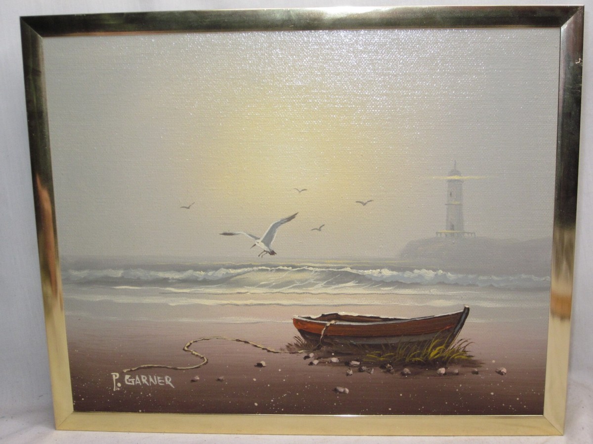 original vintage oil painting nautical lighthouse signed P. Garner