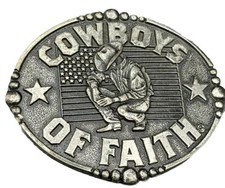 Cowboys Of Faith Belt Buckle Western Religious Rodeo Prayer Flag Vtg 90s Knee