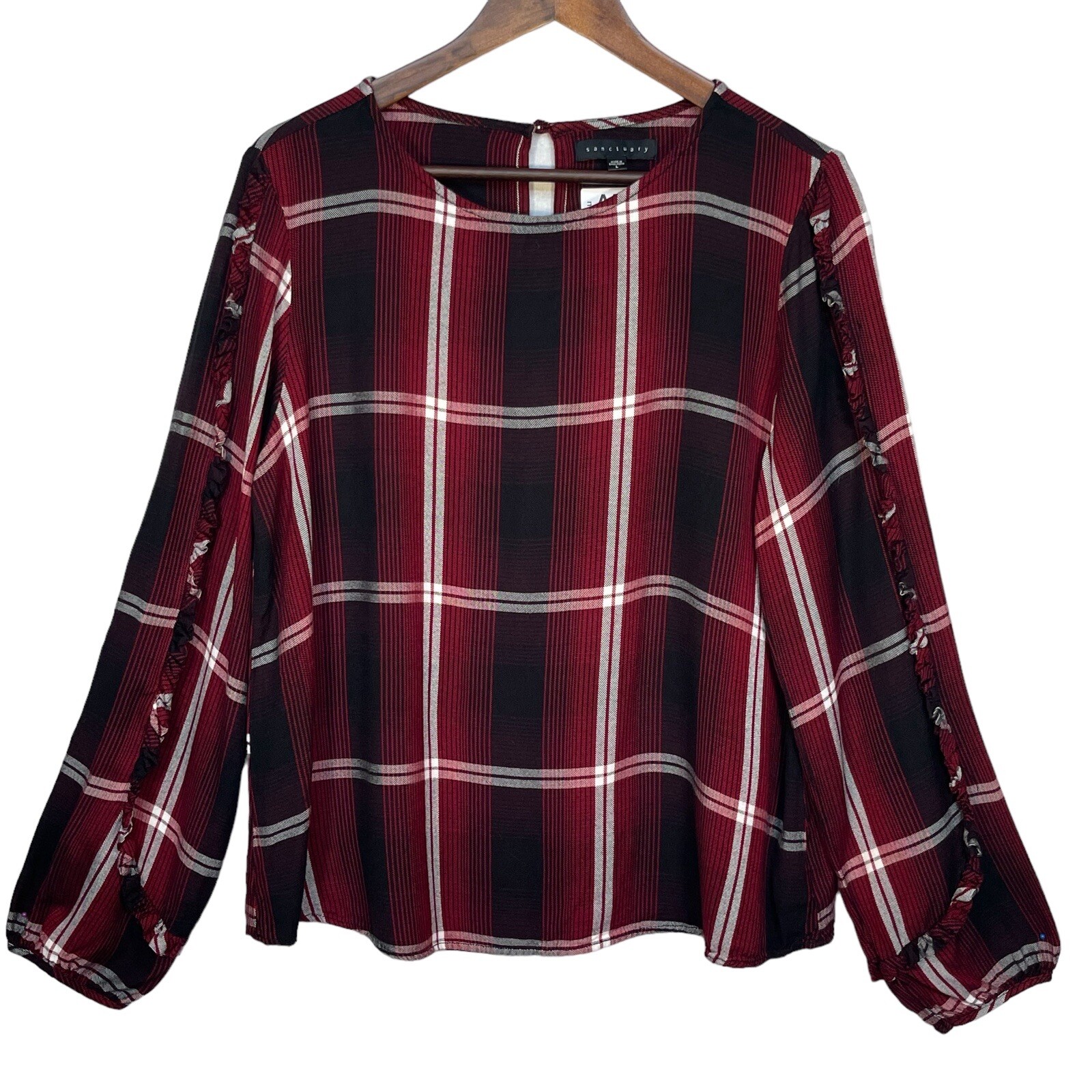 Sanctuary Top Women Size L Red Plaid Long Sleeve Casual Boat Neck Ruffled Knit