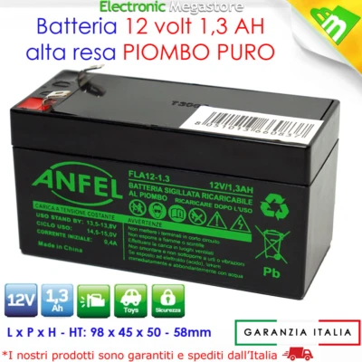 ANFEL Batteria Ermetica Ricaricabile al Piombo 12V Volt 1,3Ah 1,2Ah connettore Faston