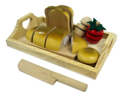 NEW IN BOX Toy Wooden Bread Fruit & Egg with stick together Cutting Set