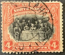 NORTH BORNEO 1901 - 4c RED AND BLACK USED STAMP 'BRITISH PROTECTORATE'