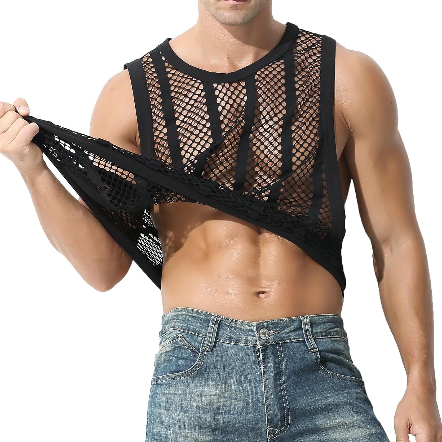 Men's Tank Tops Fishnet Striped Top Sleeveless See Thru Muscle Mesh Undershirts