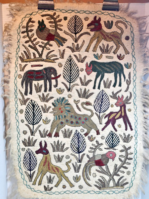 Vtg. Felted Wool Kashmiri Namda Rug Wall Hanging Embroidered Folk Art Animals