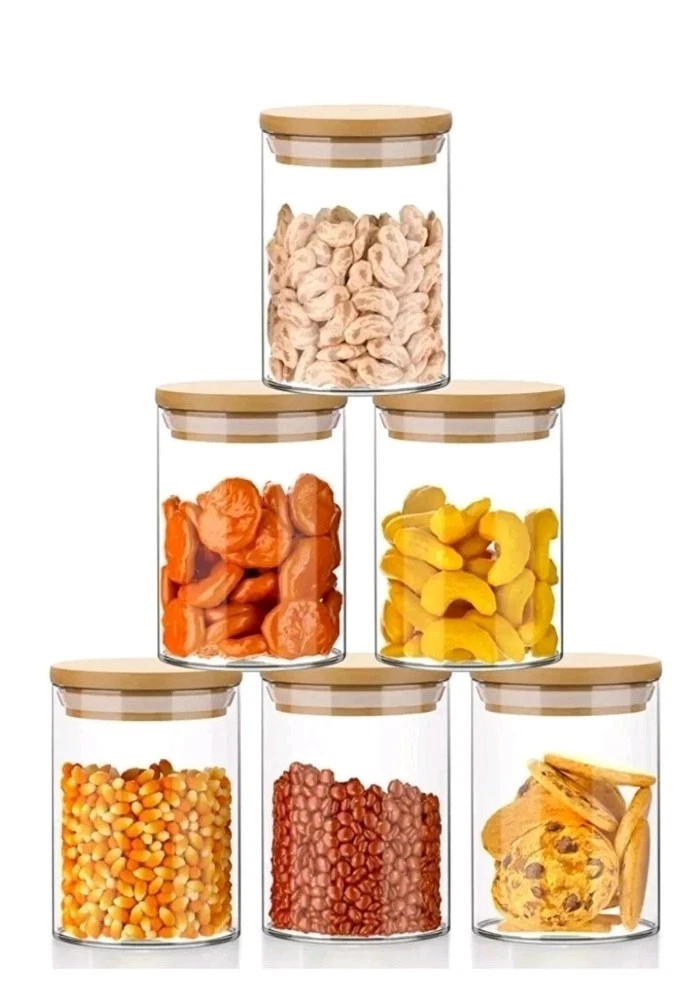 6 Set Glass Jars Set 260ml, 9oz Spice Jars Food Cereal Storage With Bamboo Lids