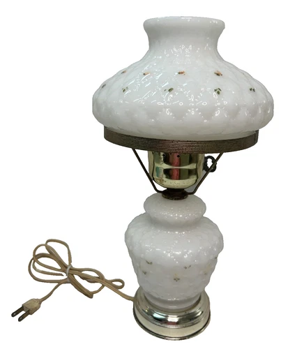 Vintage Hobnail White Milk Glass Table Lamp Electric Turn Switch Home Decor  15"
