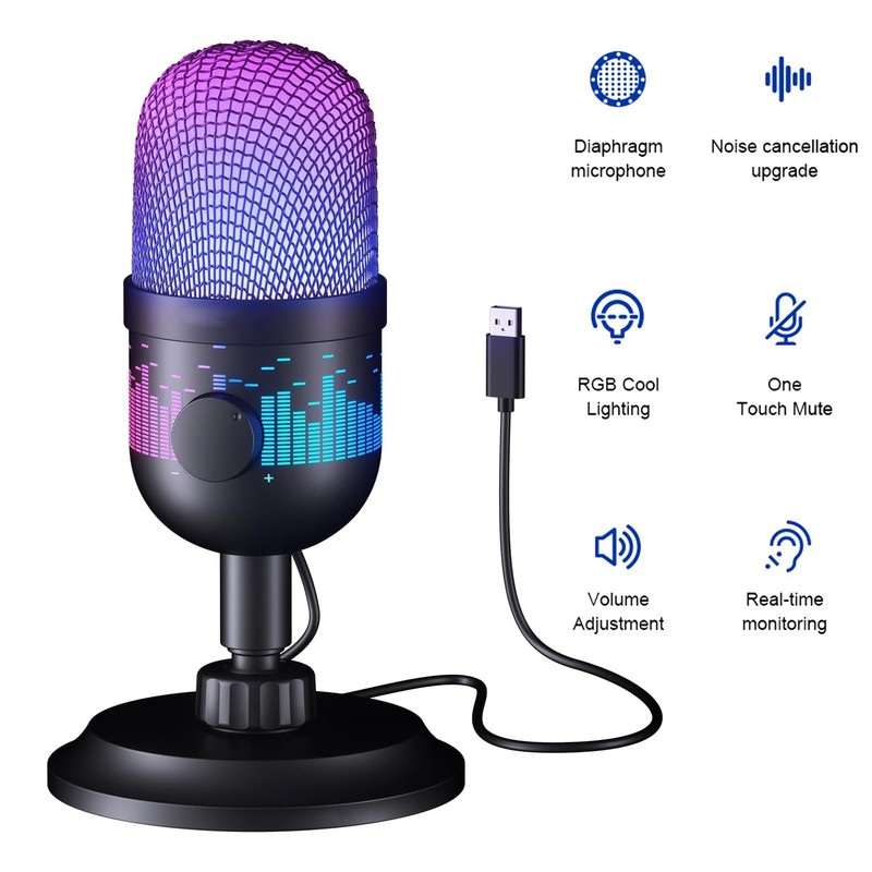 USB Microphone Noise Cancellation Condenser RGB Gaming Mic for PC Laptop Android