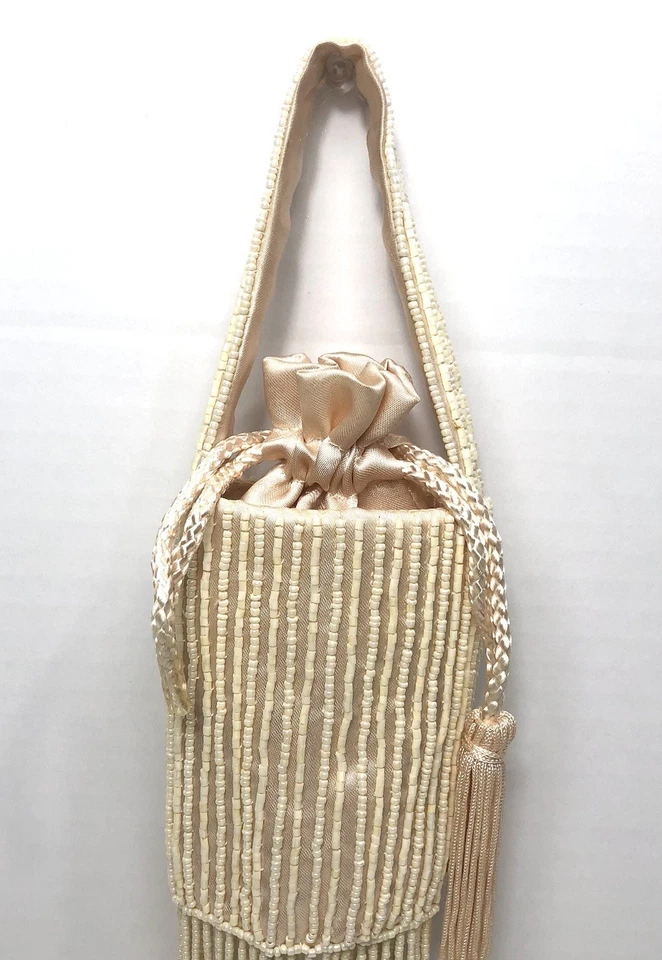 Art Deco Drawstring Beige Glass bead Flapper Purse Bag Pouch Silk 4” - Image 4 of 4