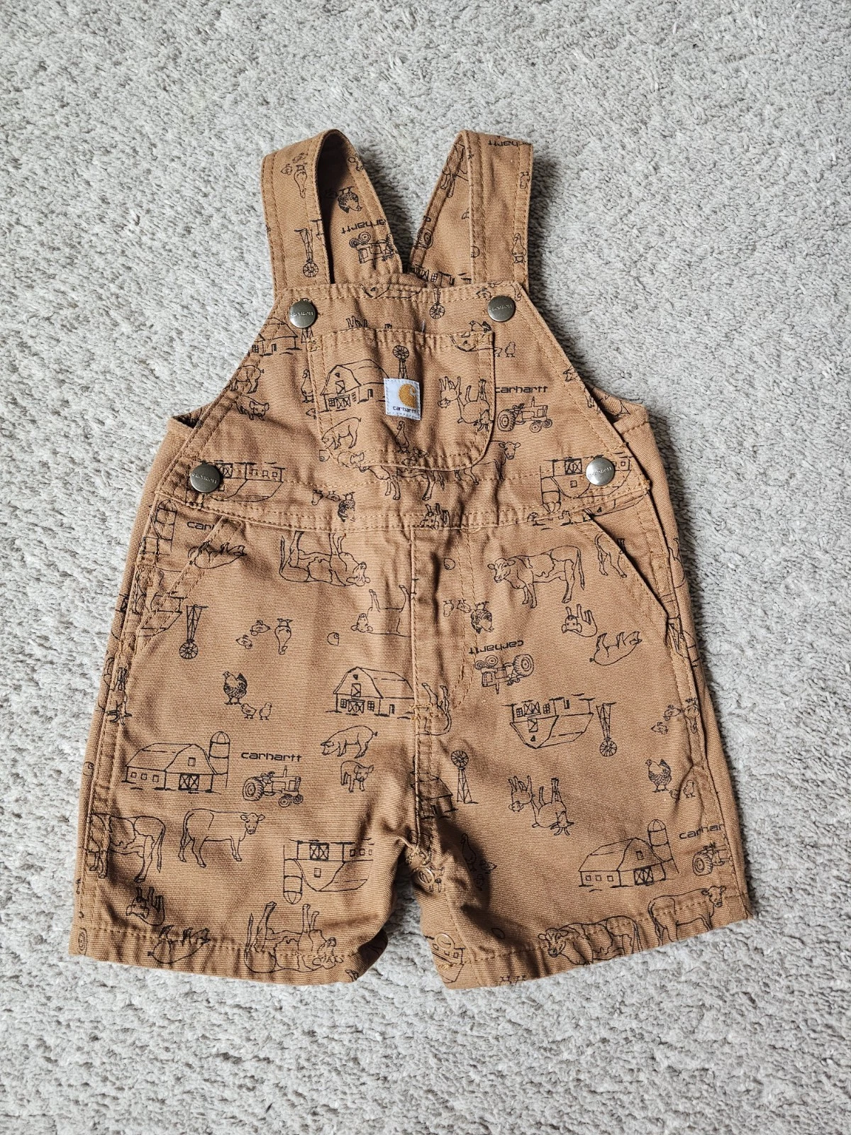 CARHARTT Baby Toddler Overalls Shorts Size 18Months Bibs Brown/Tan Farm Animals